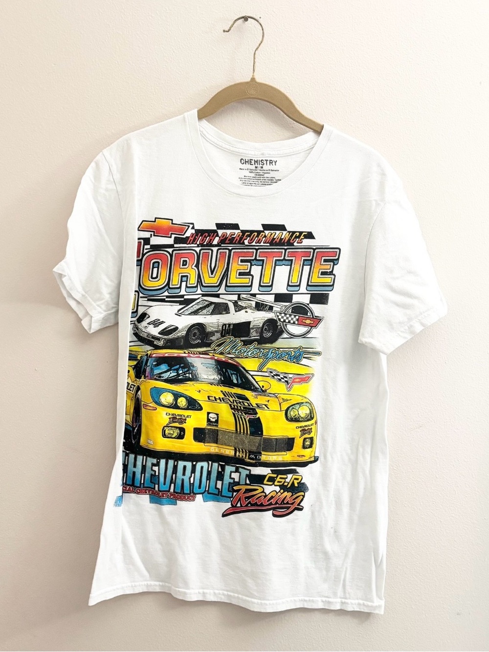 5/$15 🩷 MUST BUNDLE Chemistry White Tee with Yellow Corvette Racing Graphic